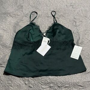 🌿 WAYF Dark Green Lace Trim Cami Tank Top | Romantic Chic | Small